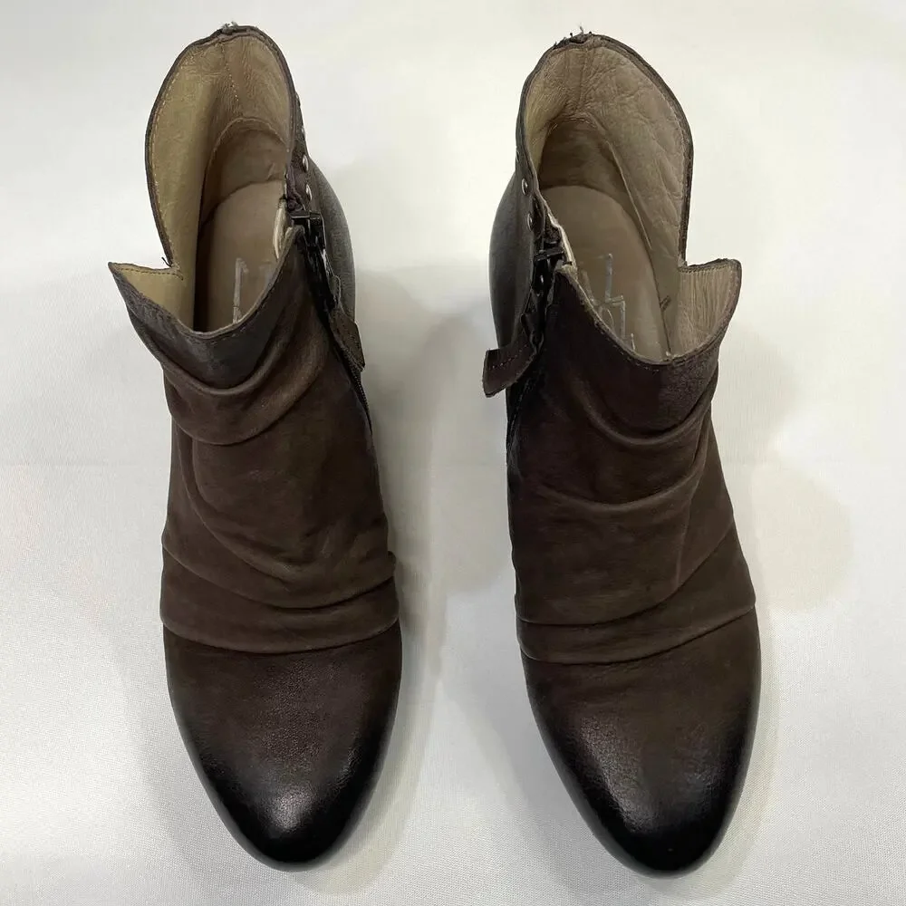 Miz Mooz Ruched Slouchy Leather Studded Ankle Boots Booties Zipper Brown Sz 38‎